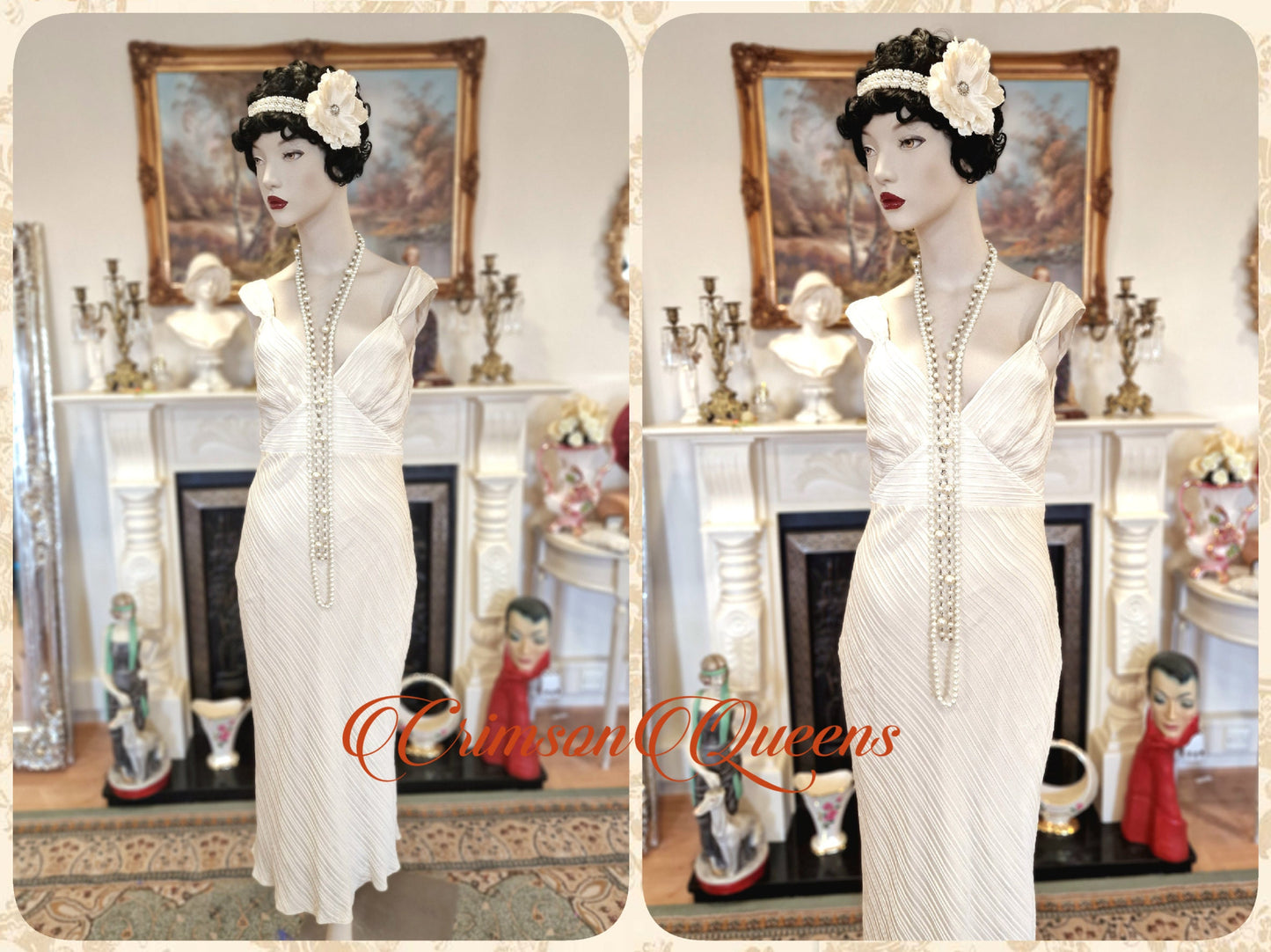 Vintage 1920s kaftan dress bohemian gypsy hippy boho wedding Art Deco bride bead cream oyster wedding kimono size UK 10 US 6