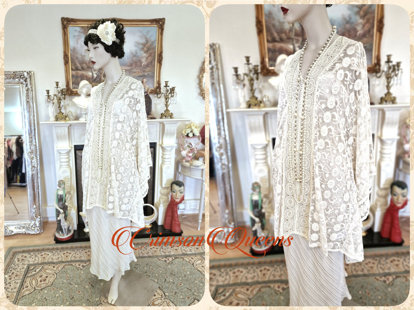 Vintage 1920s kaftan dress bohemian gypsy hippy boho wedding Art Deco bride bead cream oyster wedding kimono size UK 10 US 6