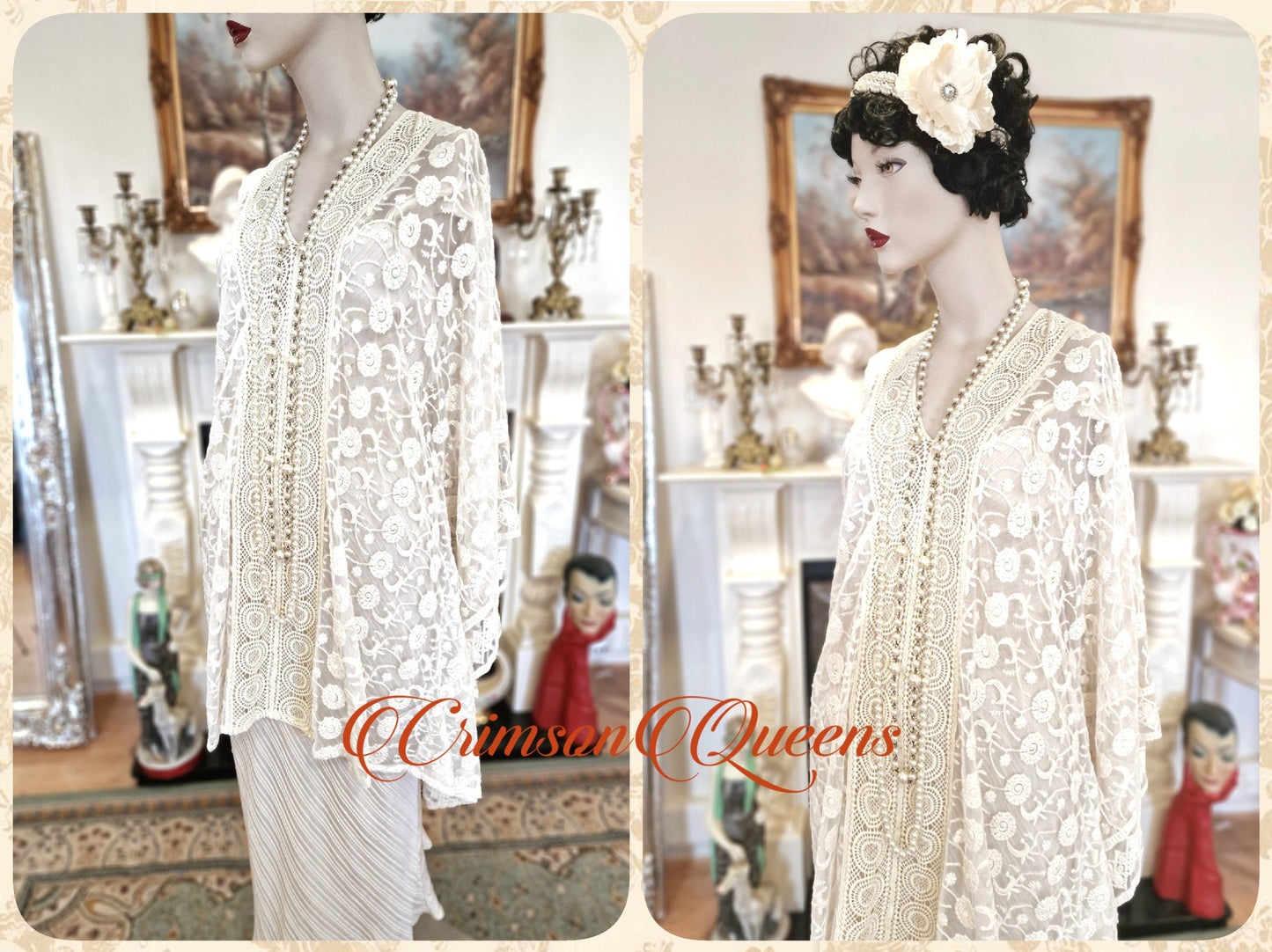 Vintage 1920s kaftan dress bohemian gypsy hippy boho wedding Art Deco bride bead cream oyster wedding kimono size UK 10 US 6