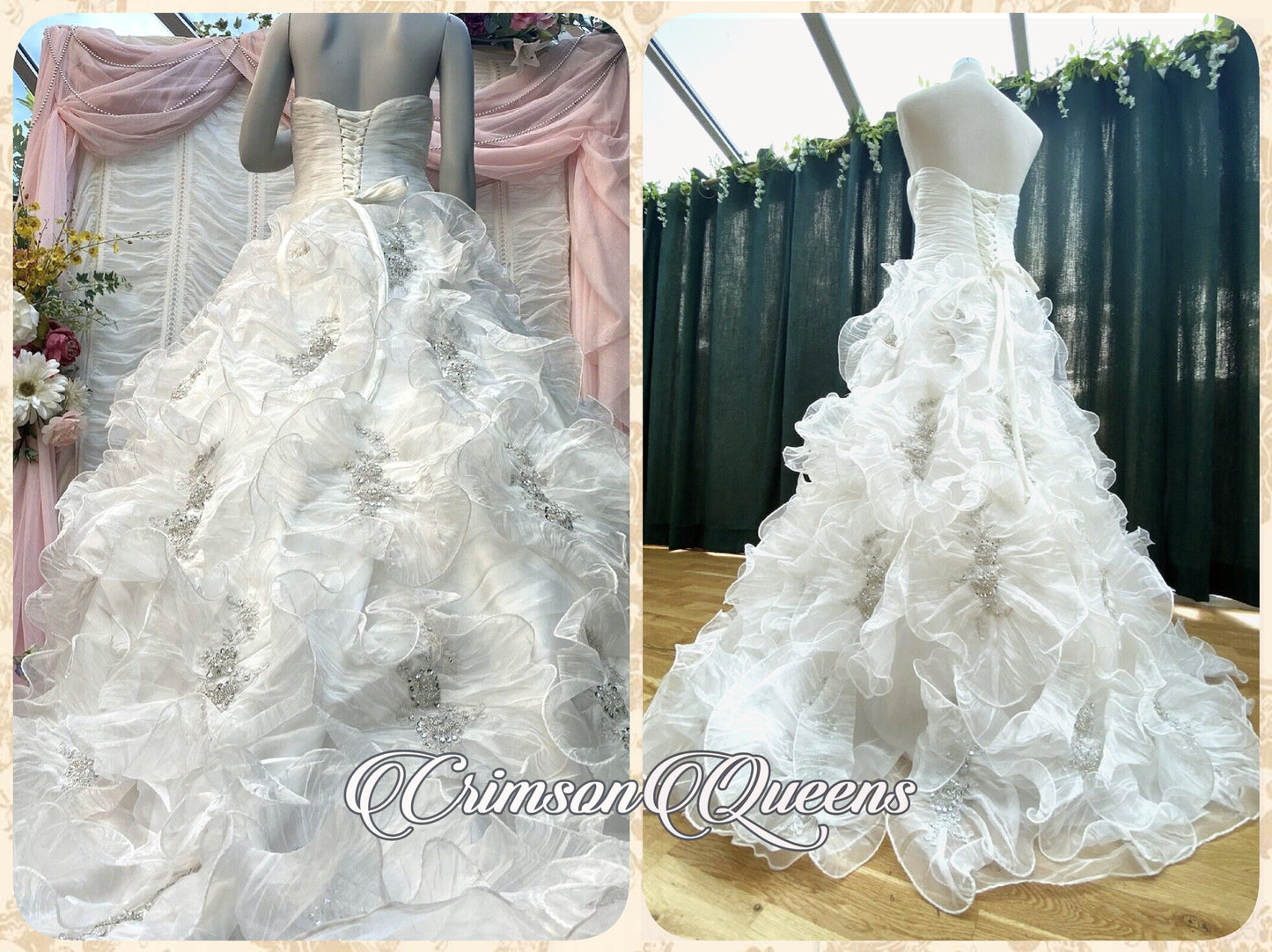 Vintage luxurious Art Deco edding Dress complete ensemble Embellished floral blossoming layer silk organza Ivory Size UK 10 US 6