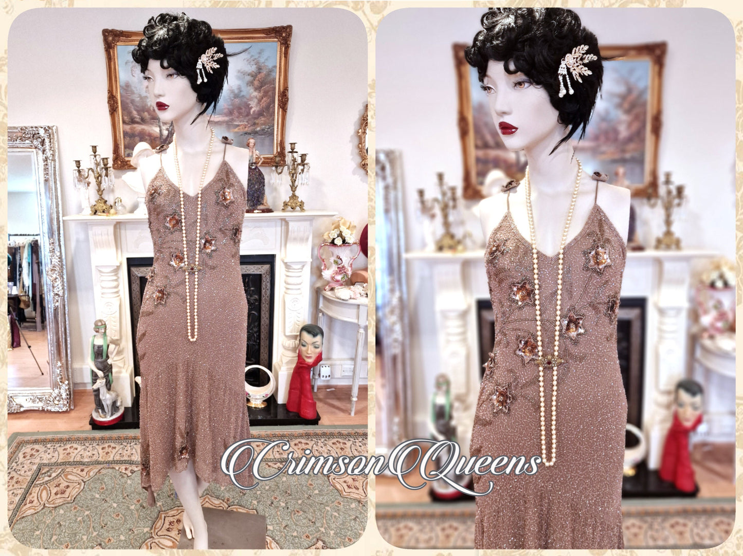 Vintage silk Great Gatsby gold toffee shell of glass beads extrordinary flapper dress ensemble 1920s beaded embellished dress UK 8 US 4