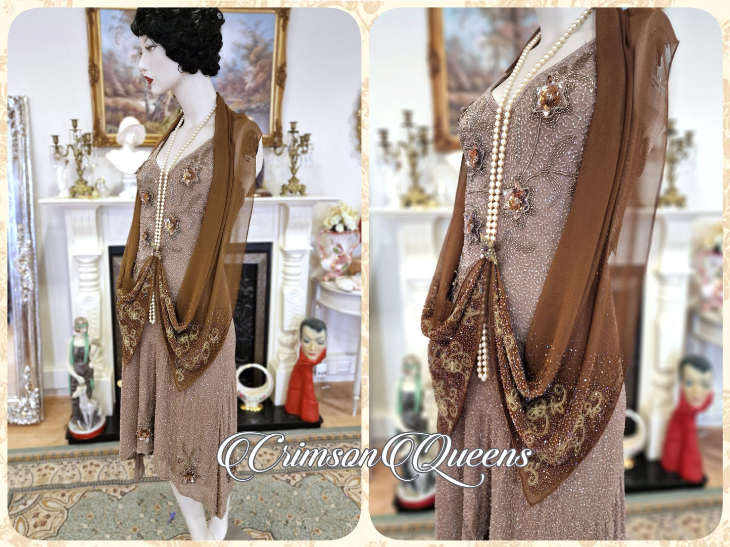 Vintage silk Great Gatsby gold toffee shell of glass beads extrordinary flapper dress ensemble 1920s beaded embellished dress UK 8 US 4