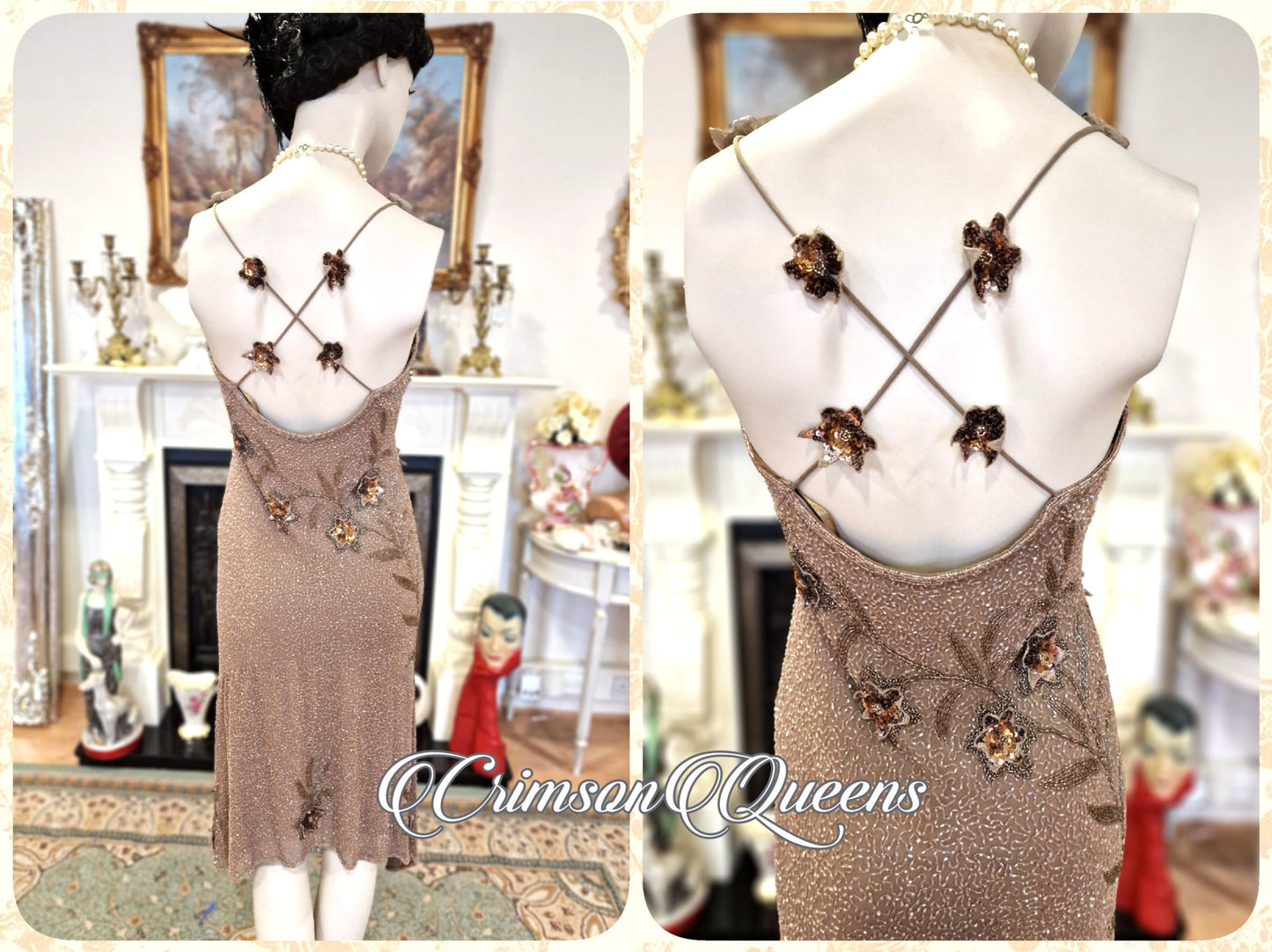 Vintage silk Great Gatsby gold toffee shell of glass beads extrordinary flapper dress ensemble 1920s beaded embellished dress UK 8 US 4