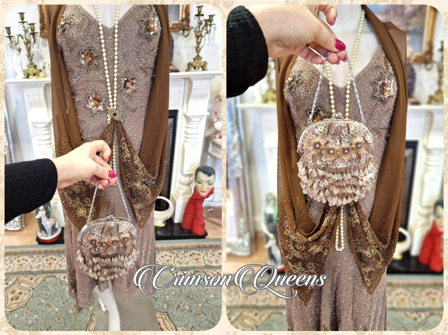 Vintage silk Great Gatsby gold toffee shell of glass beads extrordinary flapper dress ensemble 1920s beaded embellished dress UK 8 US 4