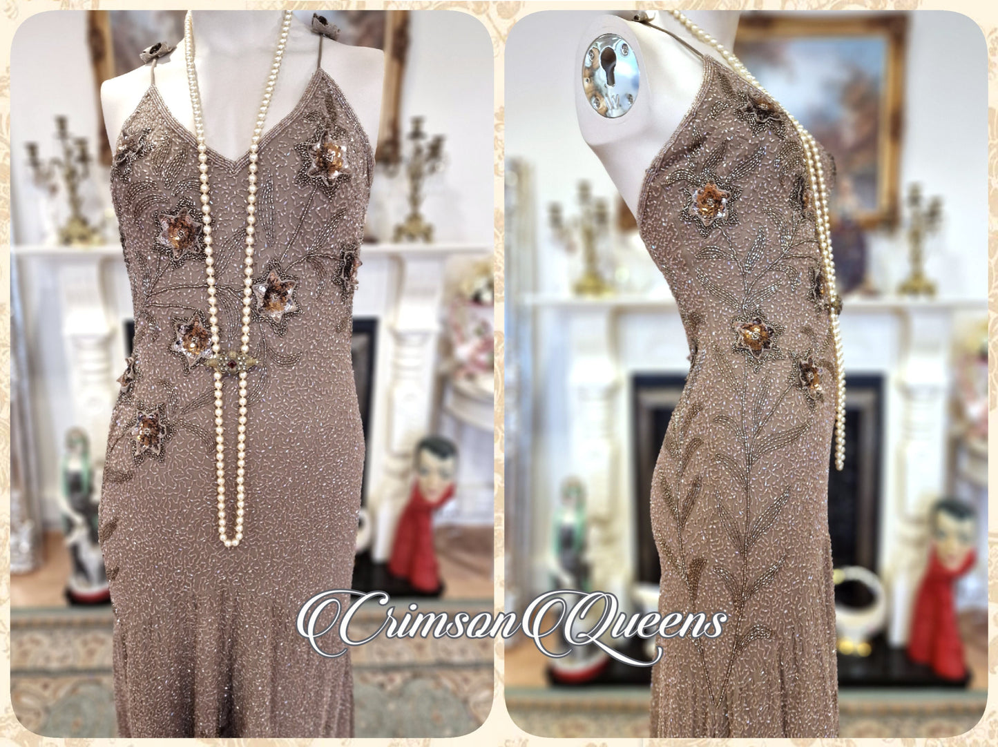 Vintage silk Great Gatsby gold toffee shell of glass beads extrordinary flapper dress ensemble 1920s beaded embellished dress UK 8 US 4