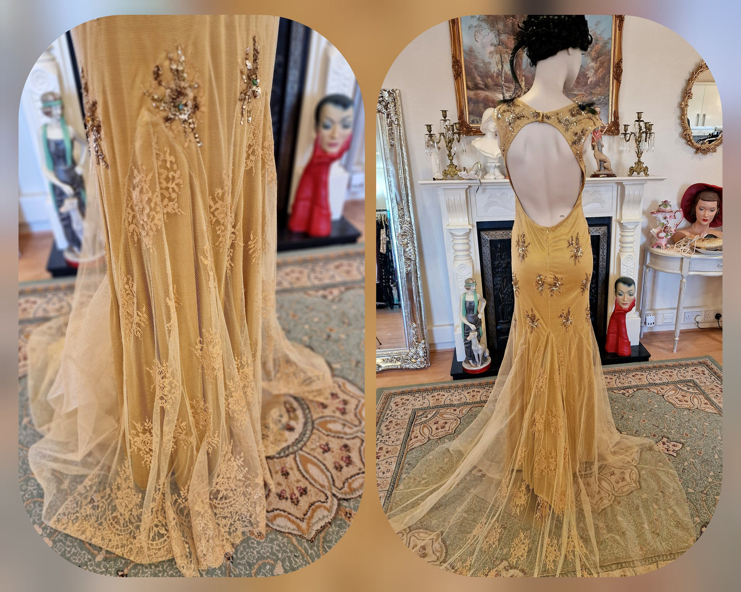 Spectacular one of the kind vintage 1920s 1930s Art Deco Peacock Queen sequined beads feathered lace gold dress ballgown size UK 6 8 US 2 4