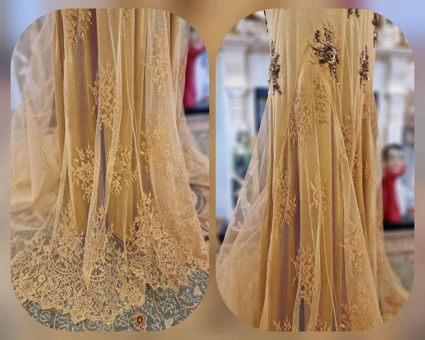 Spectacular one of the kind vintage 1920s 1930s Art Deco Peacock Queen sequined beads feathered lace gold dress ballgown size UK 6 8 US 2 4