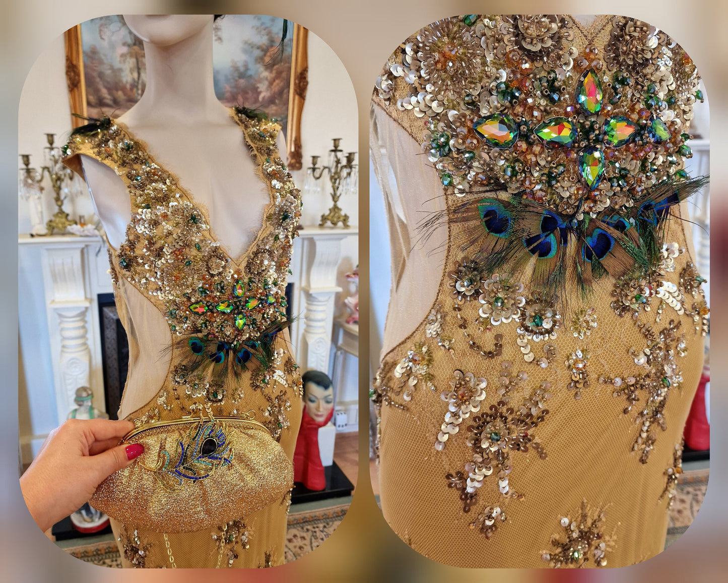 Spectacular one of the kind vintage 1920s 1930s Art Deco Peacock Queen sequined beads feathered lace gold dress ballgown size UK 6 8 US 2 4