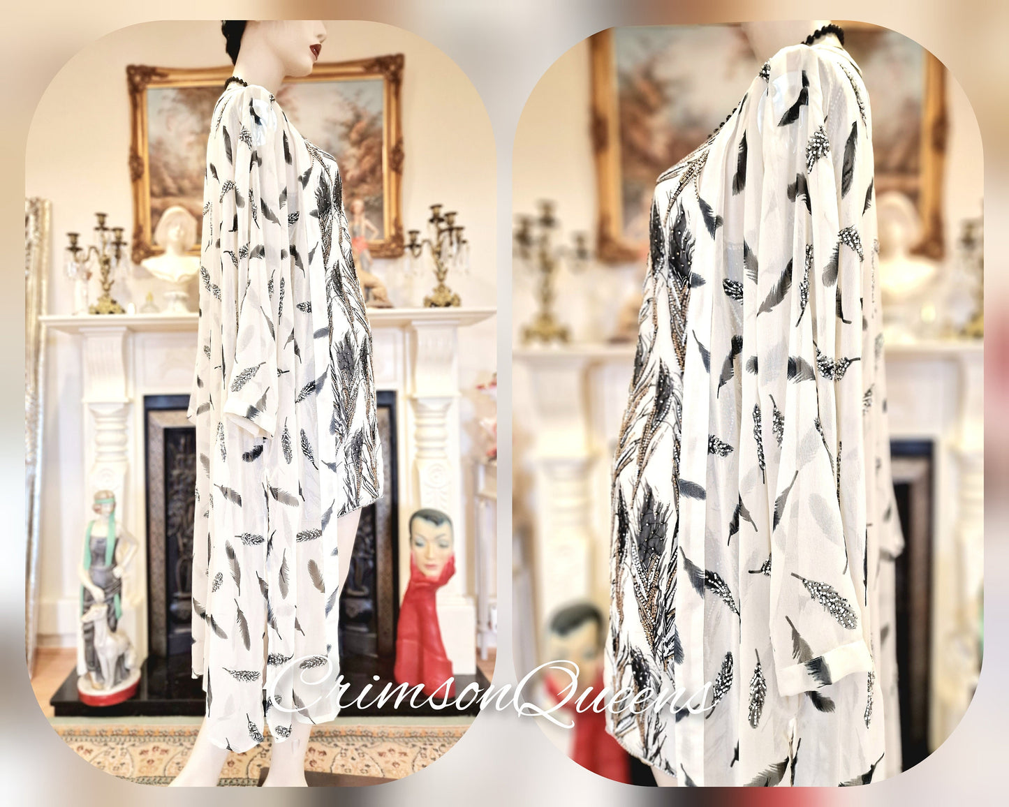 1920s silk black peacock feather dress Flapper Downton Abbey Great Gatsby dress embroidered Art Deco dress with beaded coat size UK 10 U S 6
