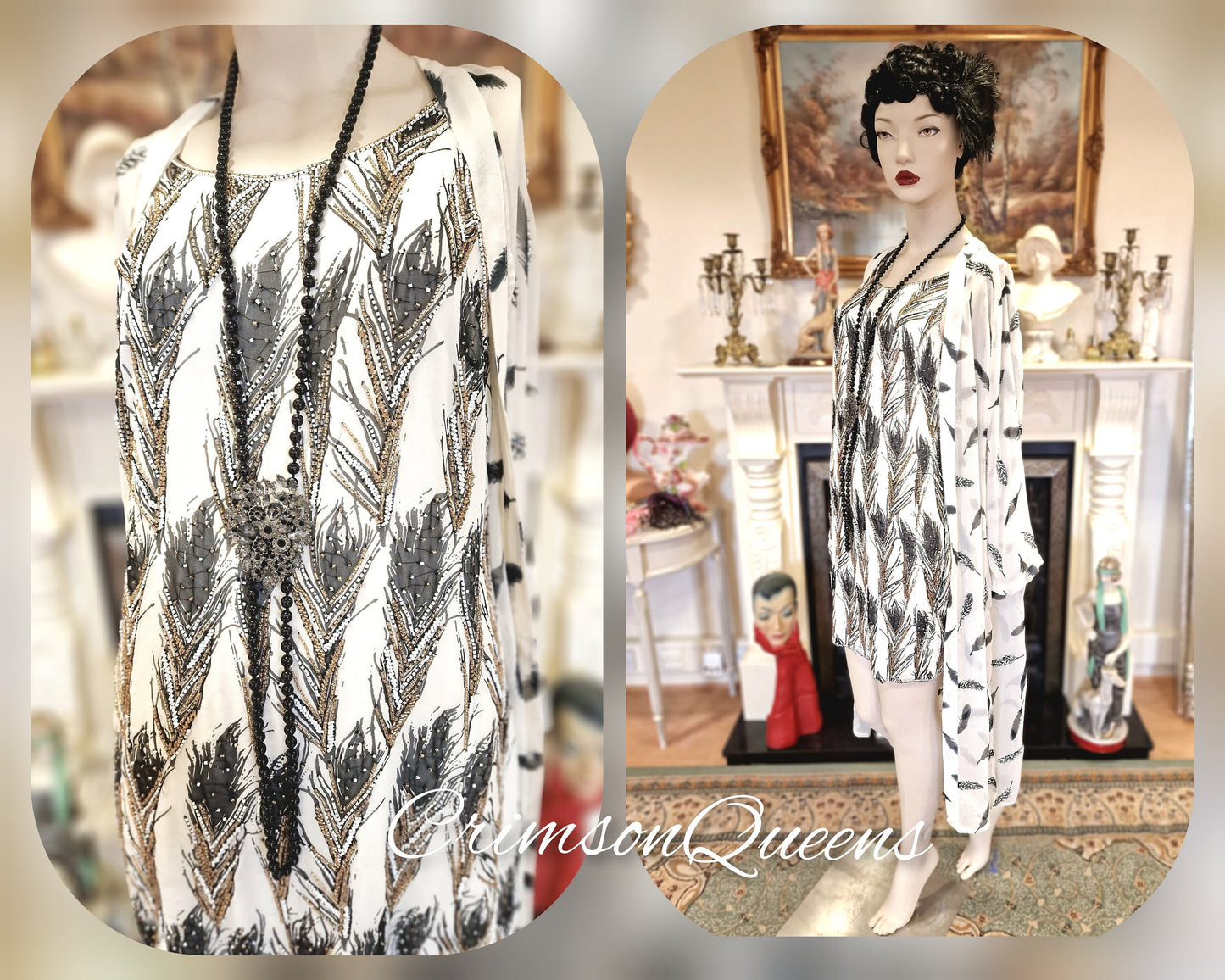 1920s silk black peacock feather dress Flapper Downton Abbey Great Gatsby dress embroidered Art Deco dress with beaded coat size UK 10 U S 6