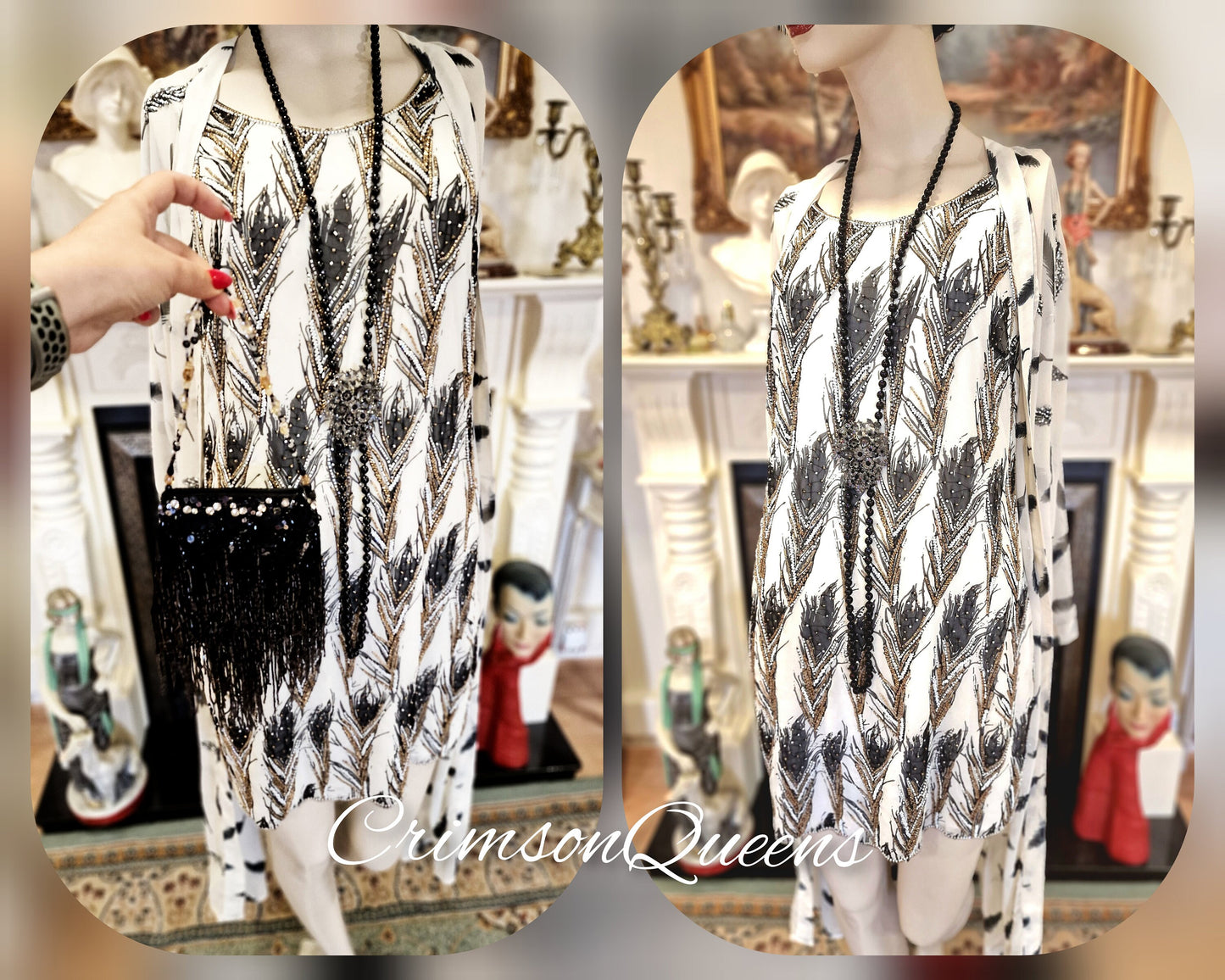 1920s silk black peacock feather dress Flapper Downton Abbey Great Gatsby dress embroidered Art Deco dress with beaded coat size UK 10 U S 6