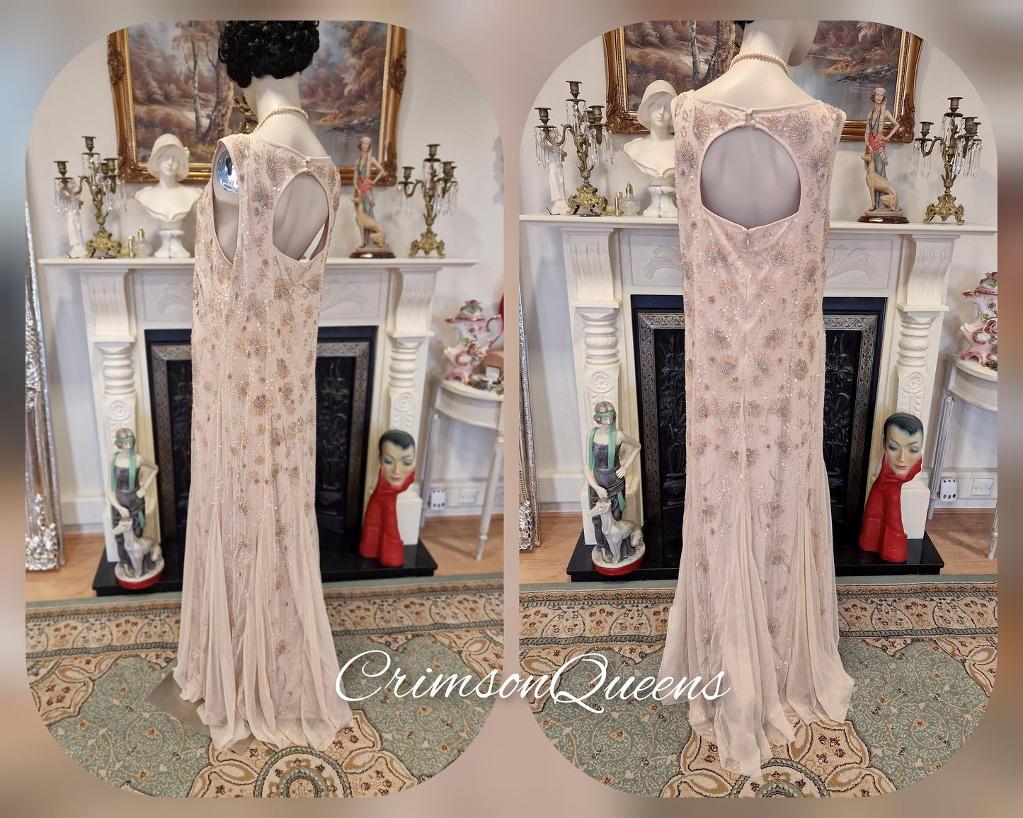 Divine Vintage nude Lady Rose Downton Abbey maxi beaded sequinned embellished dress 1920's flapper wedding occasion dress Size UK 20 US 16