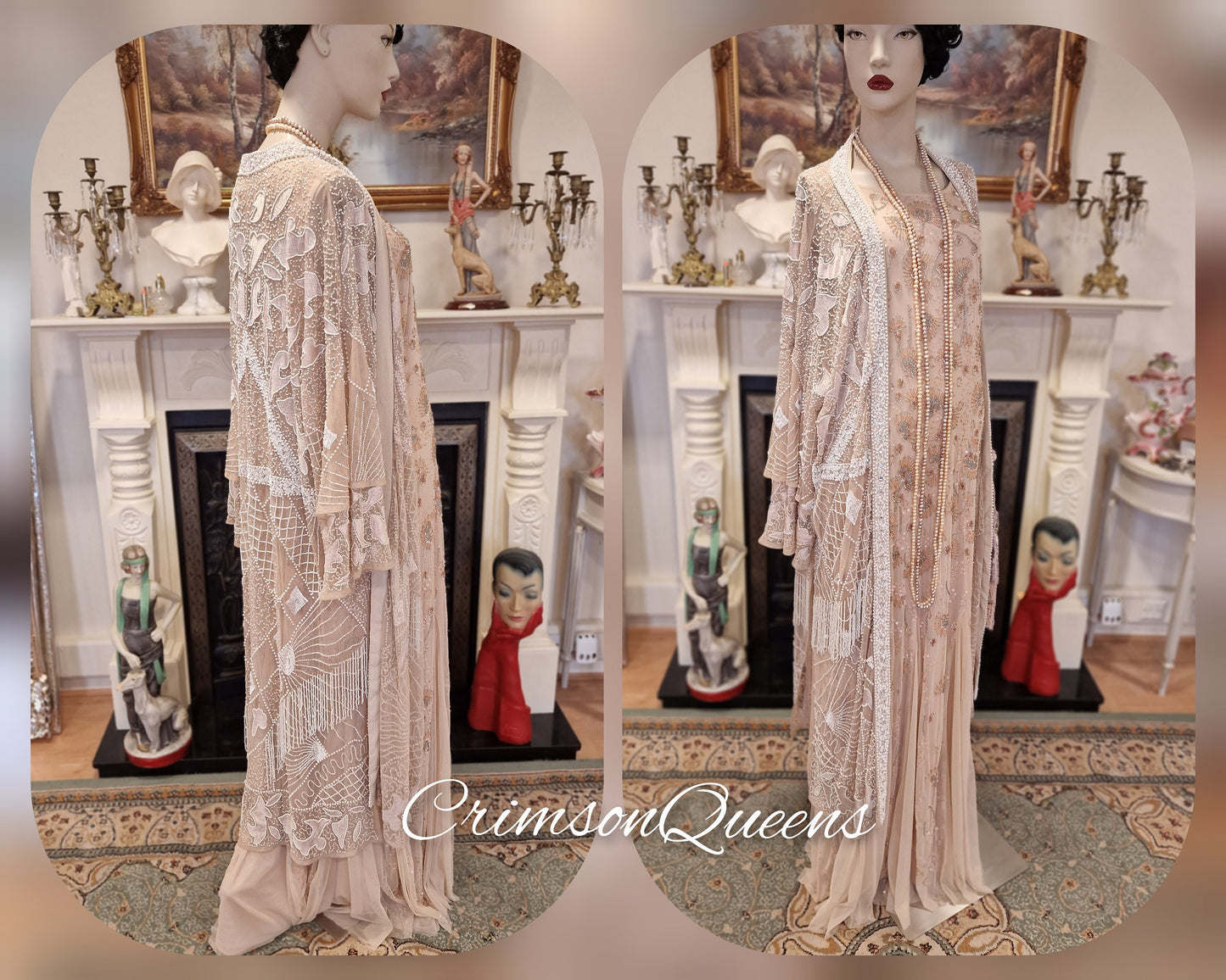 Divine Vintage nude Lady Rose Downton Abbey maxi beaded sequinned embellished dress 1920's flapper wedding occasion dress Size UK 20 US 16