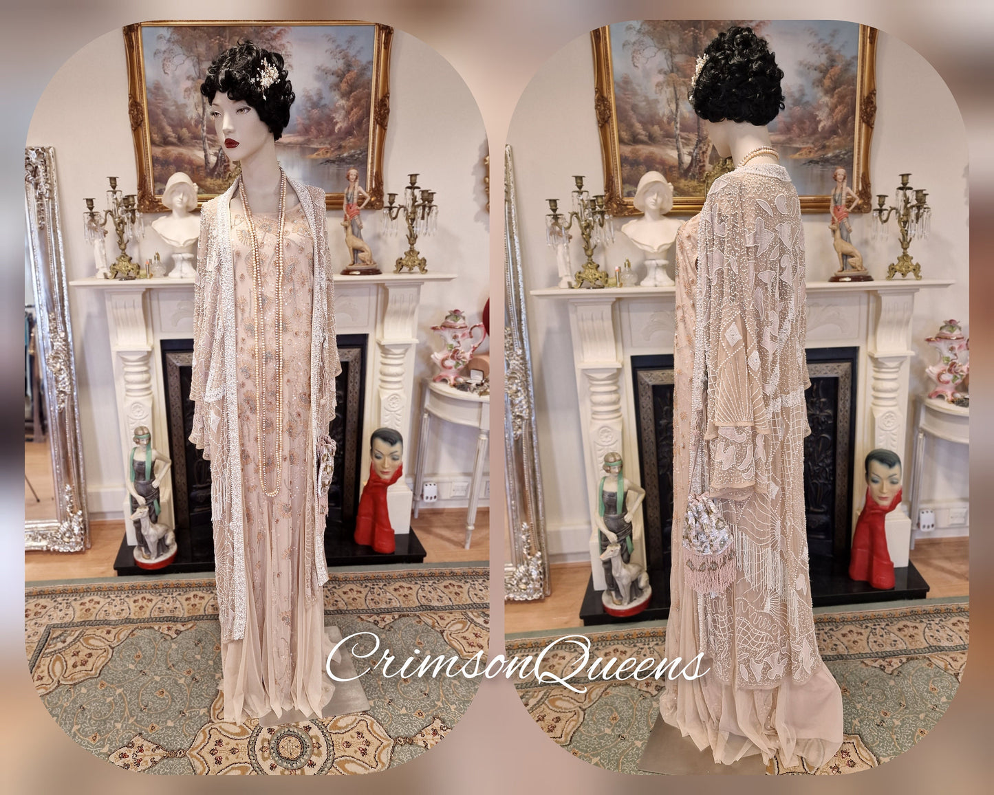 Divine Vintage nude Lady Rose Downton Abbey maxi beaded sequinned embellished dress 1920's flapper wedding occasion dress Size UK 20 US 16