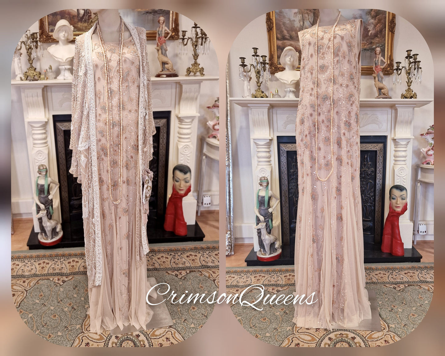 Divine Vintage nude Lady Rose Downton Abbey maxi beaded sequinned embellished dress 1920's flapper wedding occasion dress Size UK 20 US 16
