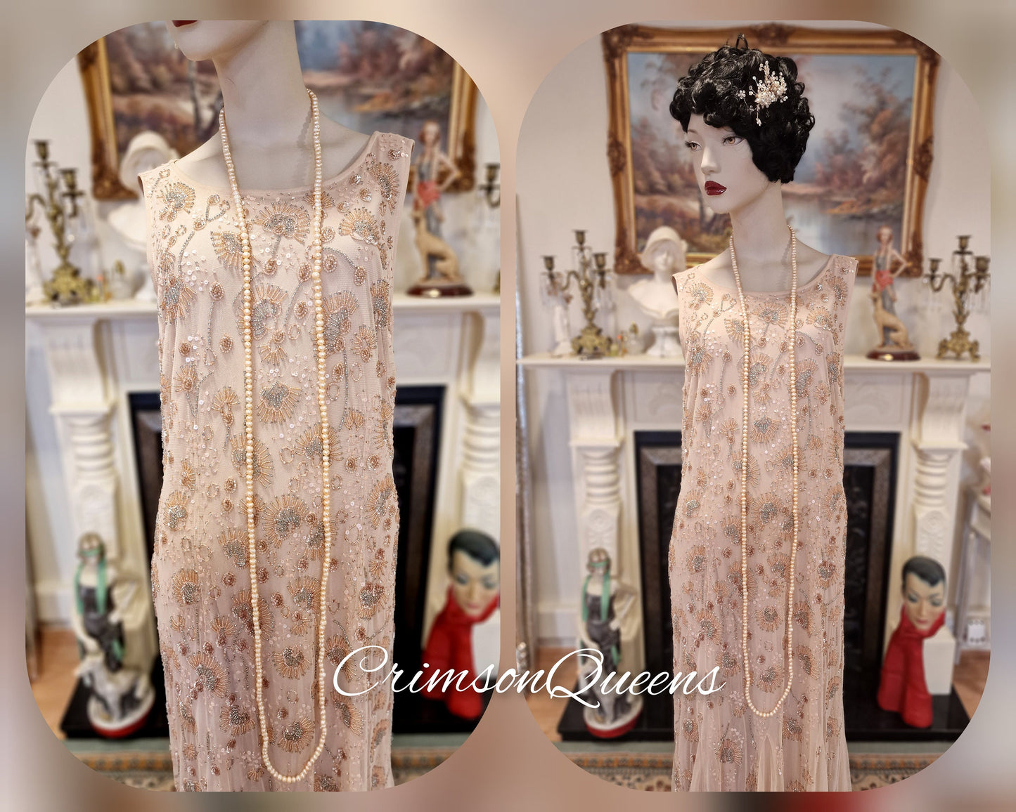 Divine Vintage nude Lady Rose Downton Abbey maxi beaded sequinned embellished dress 1920's flapper wedding occasion dress Size UK 20 US 16