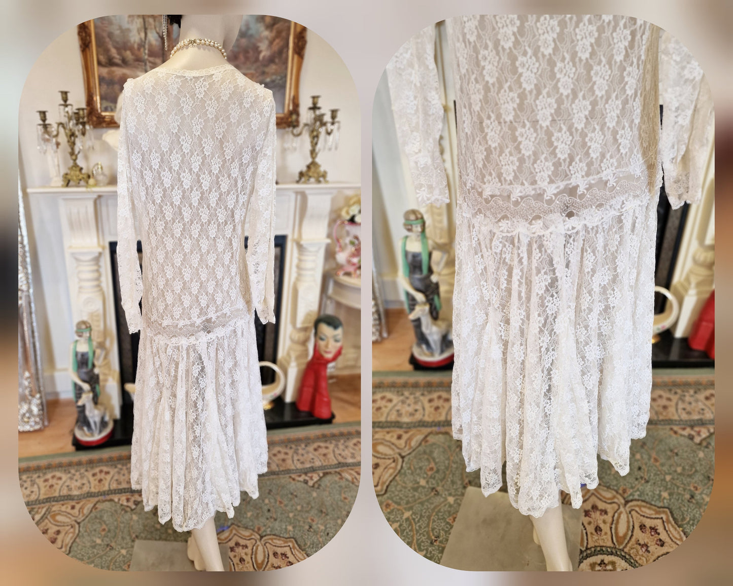 1920s wedding dress 1930s wedding dress All Lace Mesh flapper bride Vintage White Wedding Gown Great Gatsby size UK 8 10 US 4 6