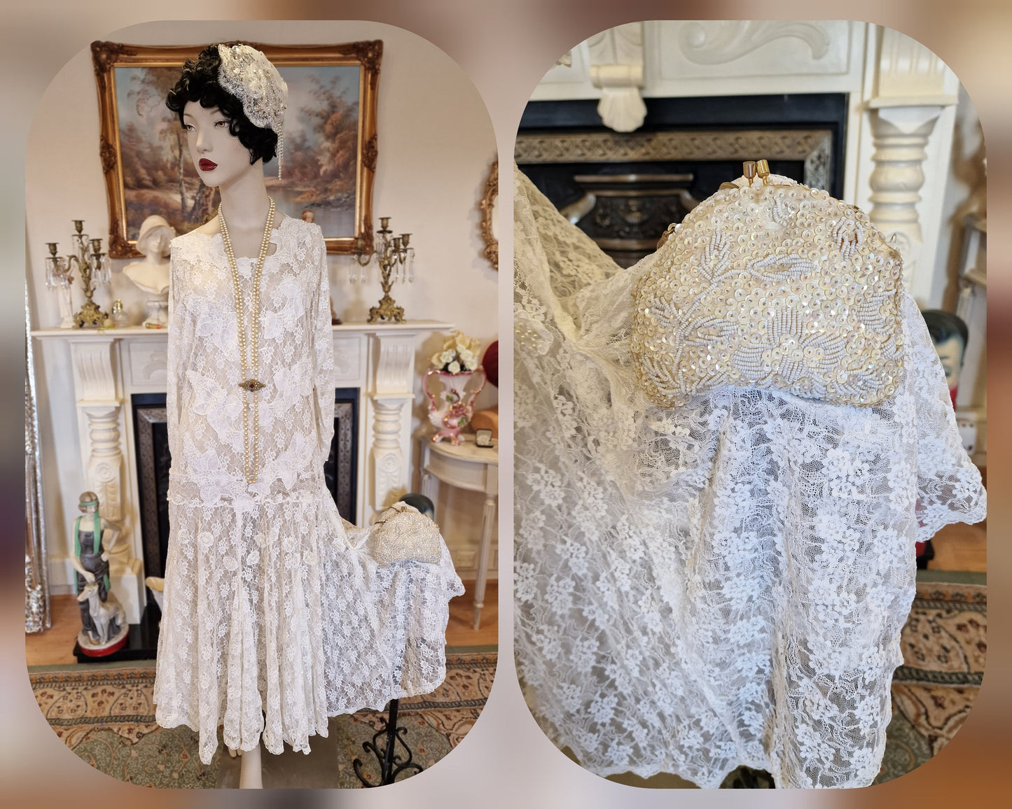 1920s wedding dress 1930s wedding dress All Lace Mesh flapper bride Vintage White Wedding Gown Great Gatsby size UK 8 10 US 4 6
