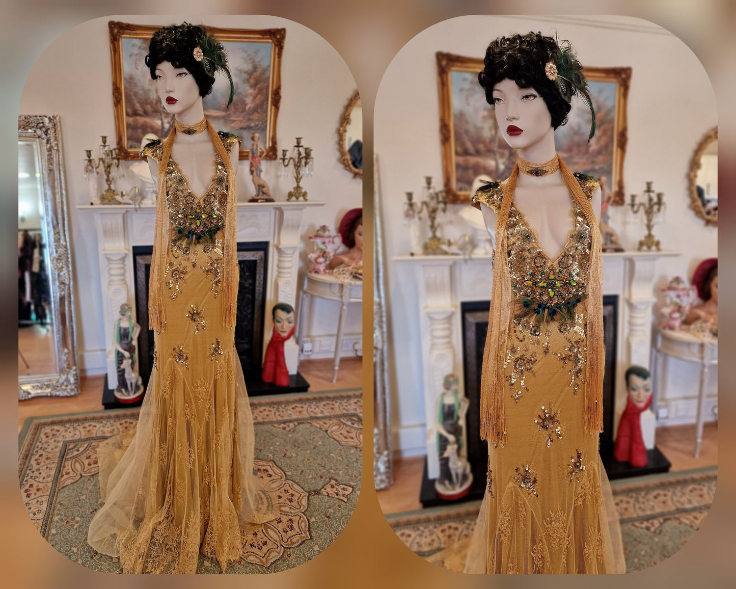 Spectacular one of the kind vintage 1920s 1930s Art Deco Peacock Queen sequined beads feathered lace gold dress ballgown size UK 6 8 US 2 4