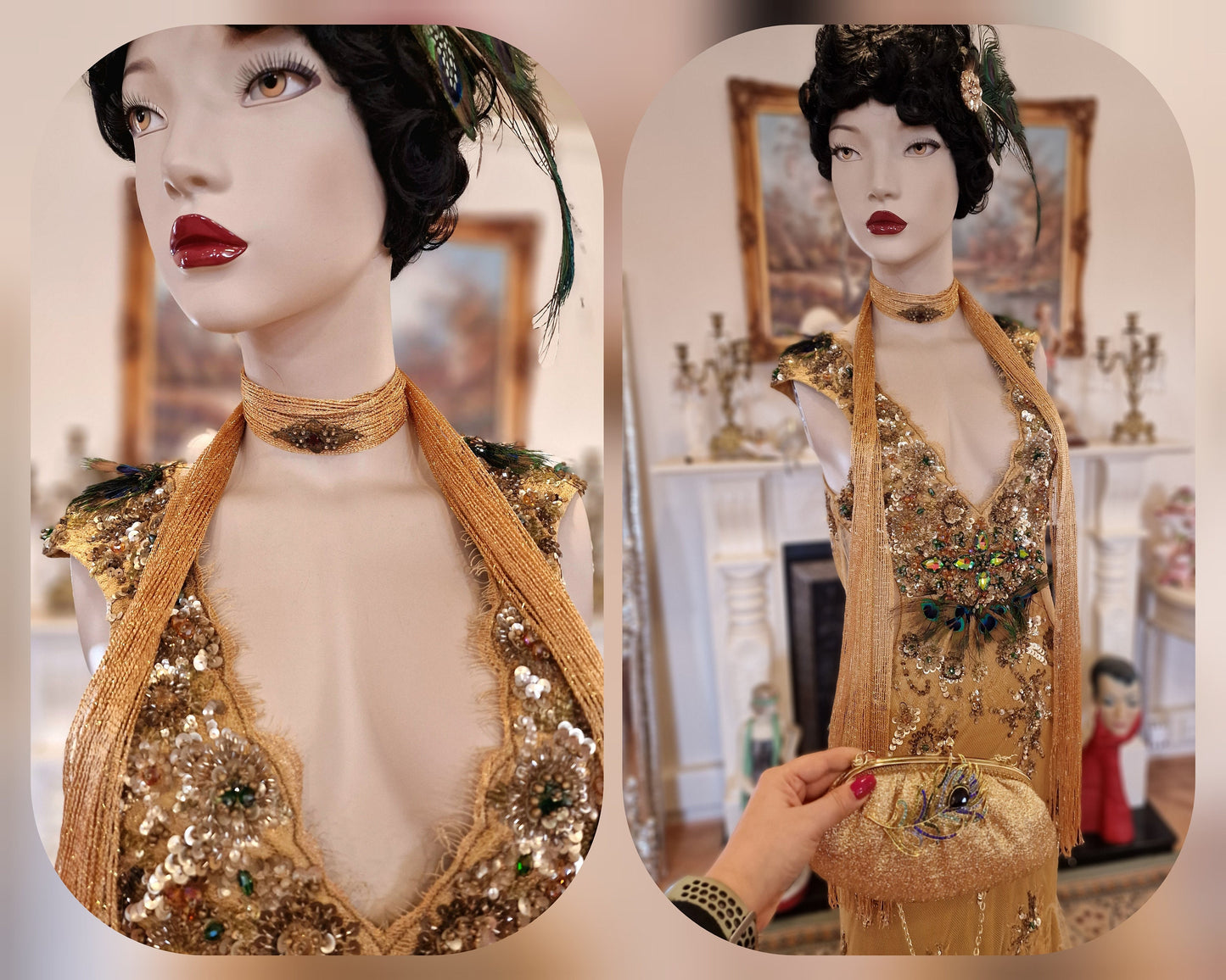 Spectacular one of the kind vintage 1920s 1930s Art Deco Peacock Queen sequined beads feathered lace gold dress ballgown size UK 6 8 US 2 4