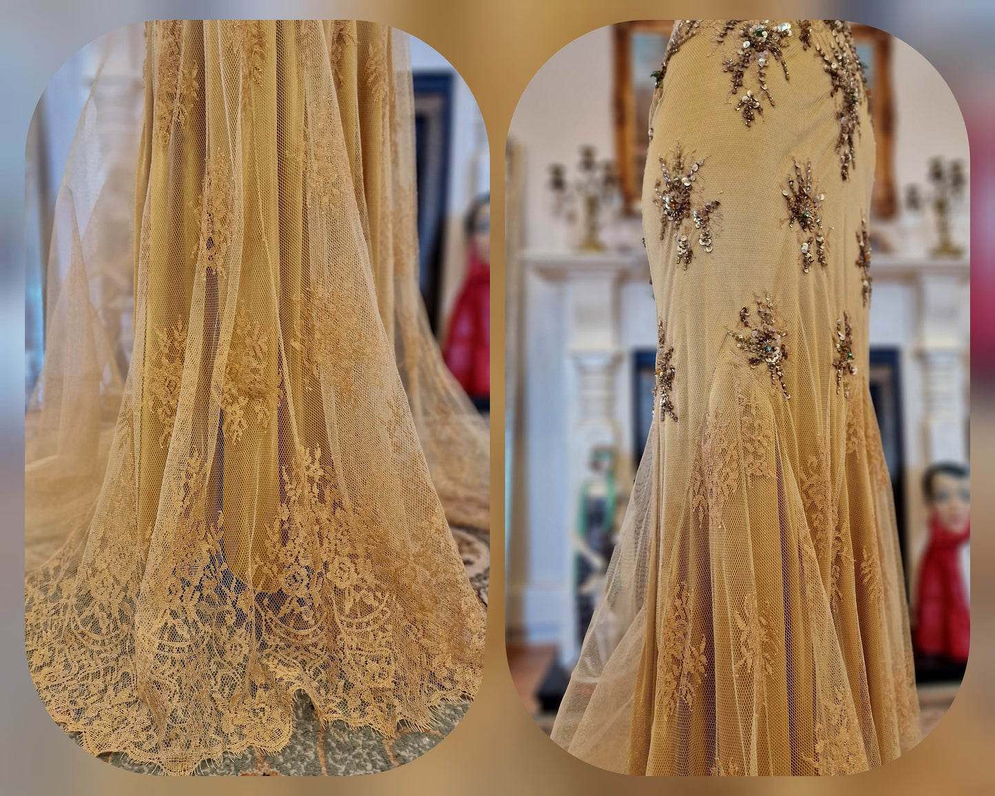 Spectacular one of the kind vintage 1920s 1930s Art Deco Peacock Queen sequined beads feathered lace gold dress ballgown size UK 6 8 US 2 4
