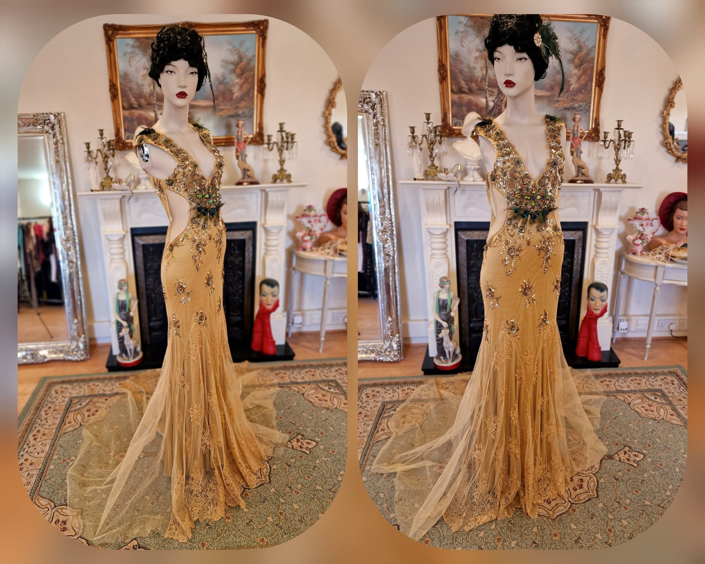 Spectacular one of the kind vintage 1920s 1930s Art Deco Peacock Queen sequined beads feathered lace gold dress ballgown size UK 6 8 US 2 4