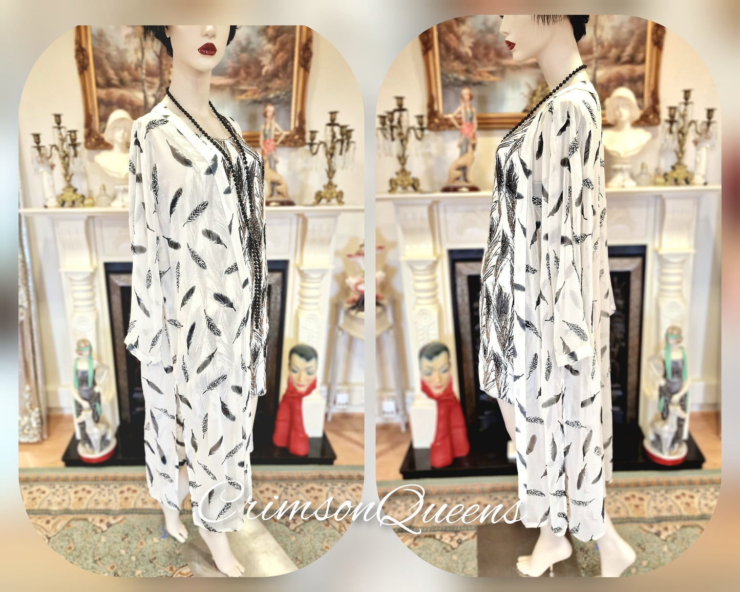 1920s silk black peacock feather dress Flapper Downton Abbey Great Gatsby dress embroidered Art Deco dress with beaded coat size UK 10 U S 6