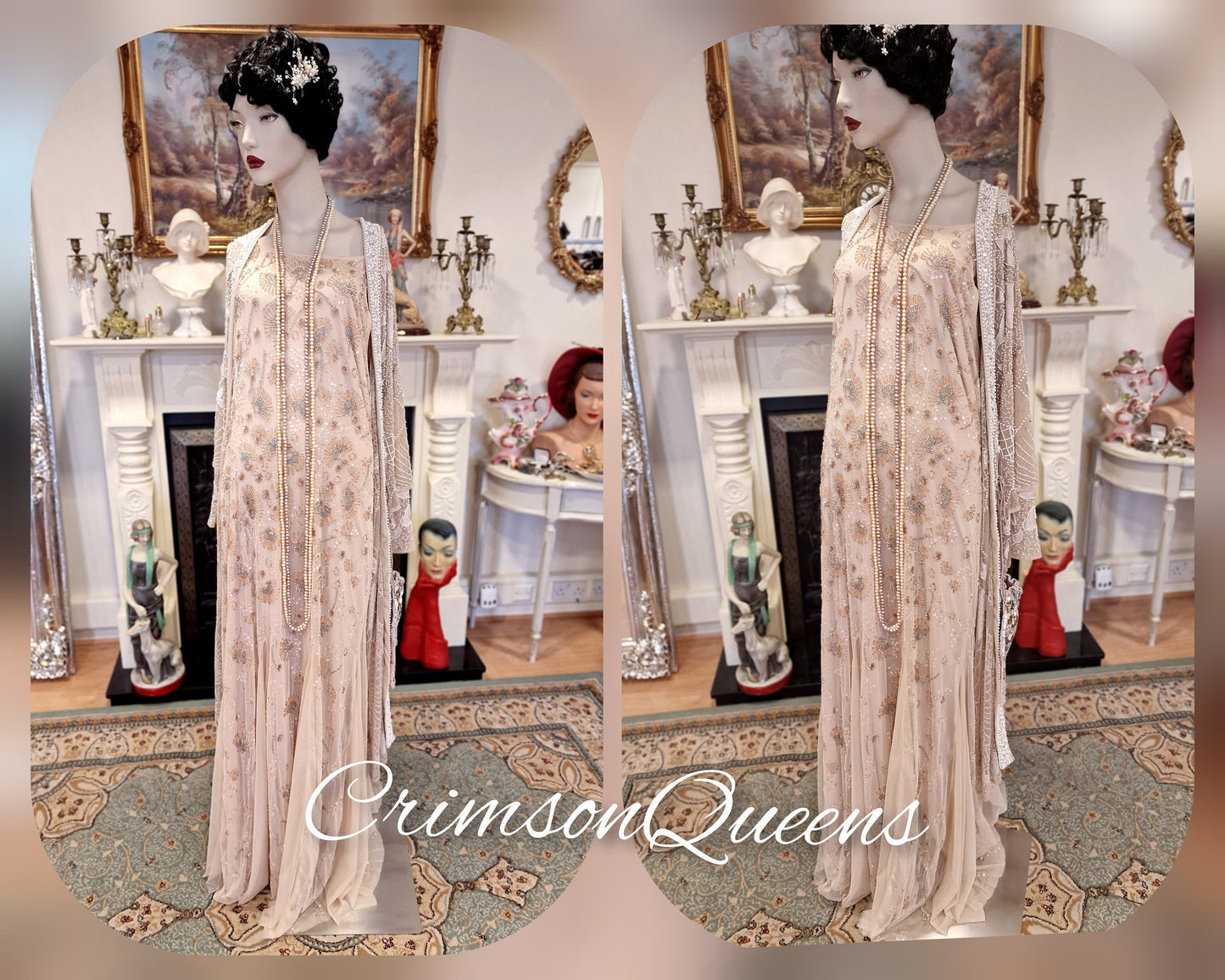 Divine Vintage nude Lady Rose Downton Abbey maxi beaded sequinned embellished dress 1920's flapper wedding occasion dress Size UK 20 US 16