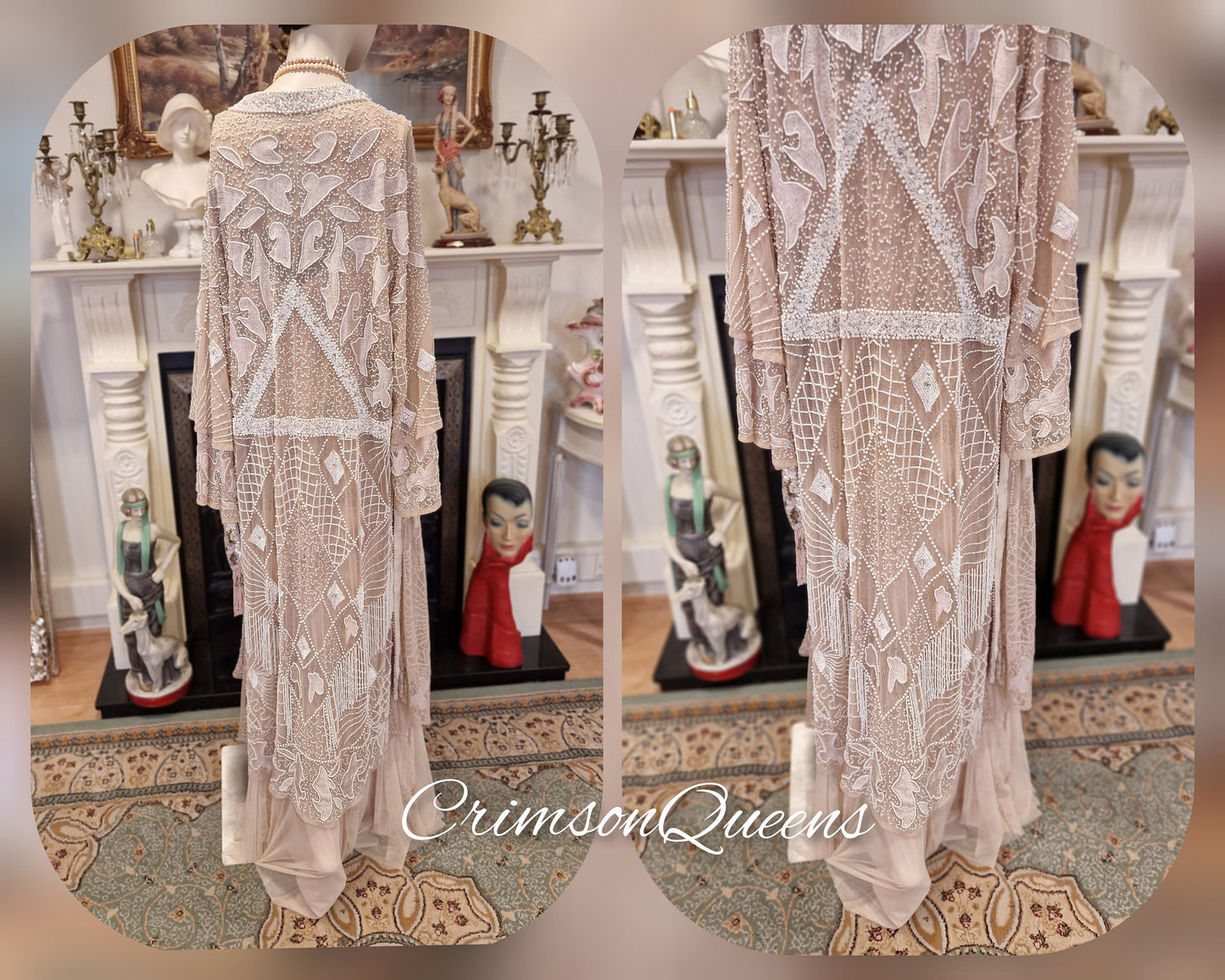 Divine Vintage nude Lady Rose Downton Abbey maxi beaded sequinned embellished dress 1920's flapper wedding occasion dress Size UK 20 US 16