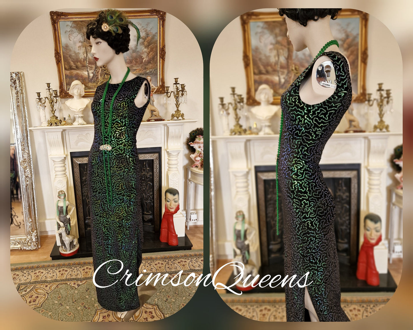 Vintage sequinned emerald green statement dress flapper evening Downton Abbey 1920s Marilyn Monroe maxi dress UK 8 US 4