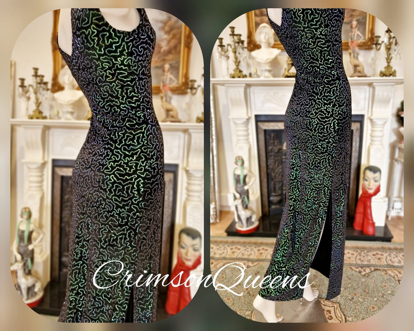 Vintage sequinned emerald green statement dress flapper evening Downton Abbey 1920s Marilyn Monroe maxi dress UK 8 US 4