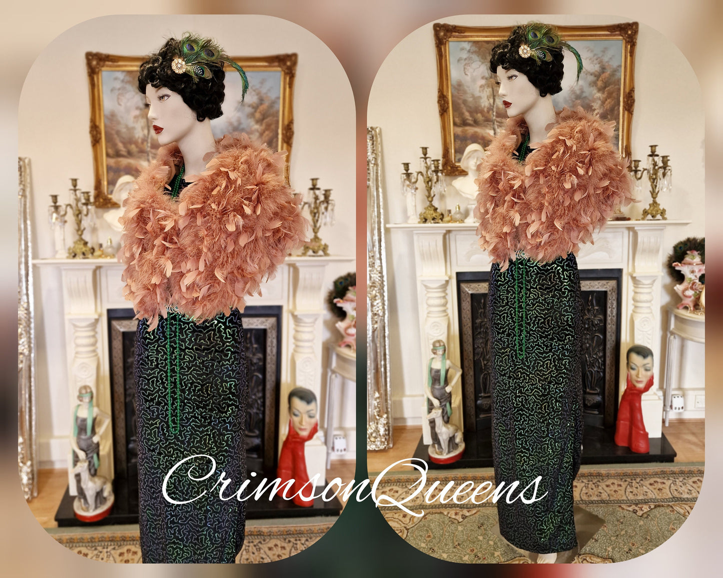 Vintage sequinned emerald green statement dress flapper evening Downton Abbey 1920s Marilyn Monroe maxi dress UK 8 US 4