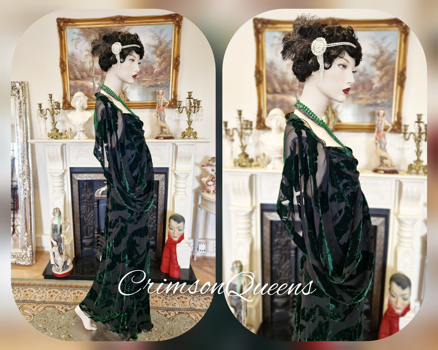 Vintage green statement dress flapper evening Downton Abbey 1920s cocktail garden party maxi silk devore feather dress UK 10/12 US 6.8