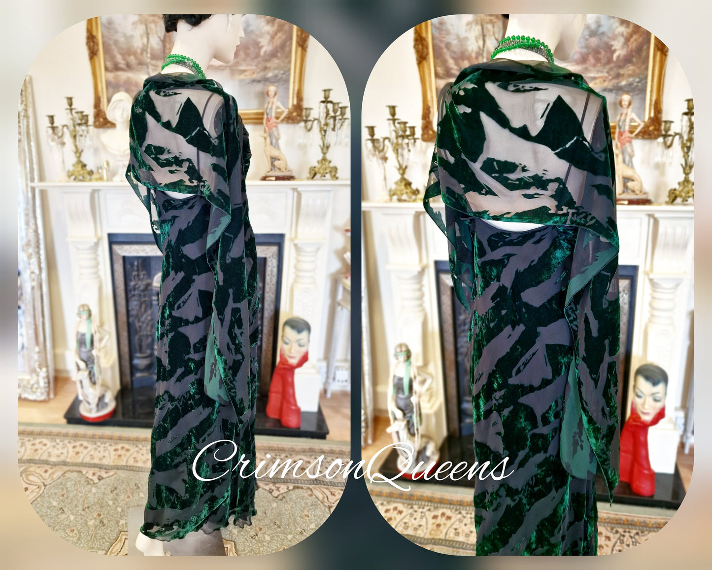 Vintage green statement dress flapper evening Downton Abbey 1920s cocktail garden party maxi silk devore feather dress UK 10/12 US 6.8