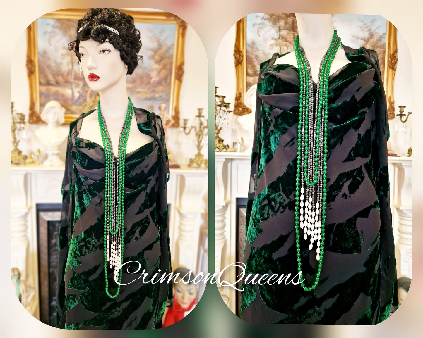 Vintage green statement dress flapper evening Downton Abbey 1920s cocktail garden party maxi silk devore feather dress UK 10/12 US 6.8