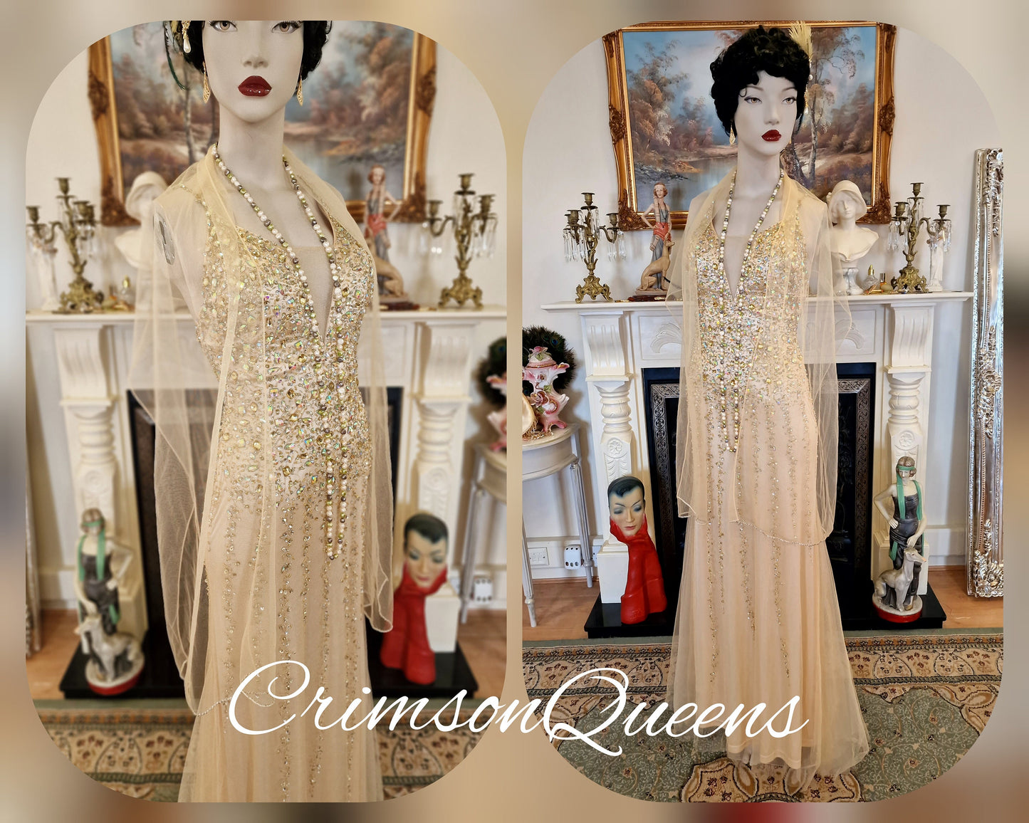 Spectacular vintage 1920s illusion flapper charleston Downton Abbey mesh Great Gatsby 1920s gold beaded embellished net dress UK 8 US 4