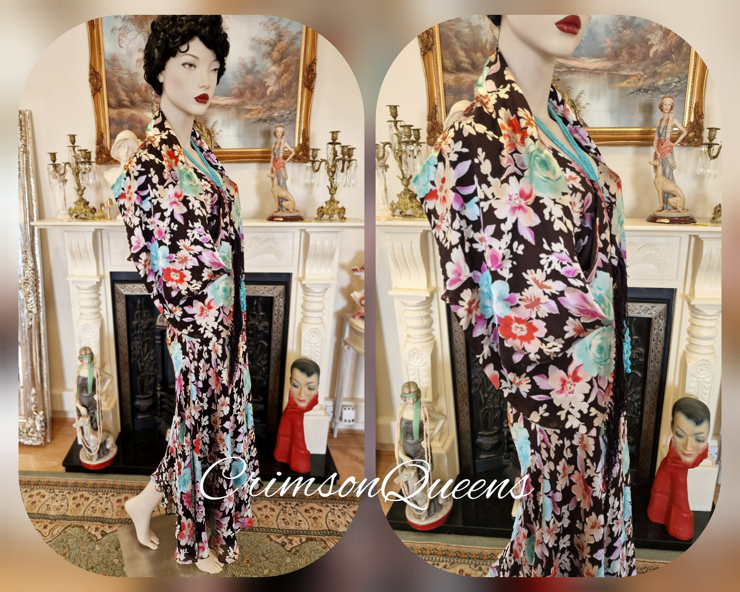 Vintage Great Gatsby Downton Abbey silk devore romantic floral cocktail garden dress guest wedding suit dress gown with shawl UK 12 US 8