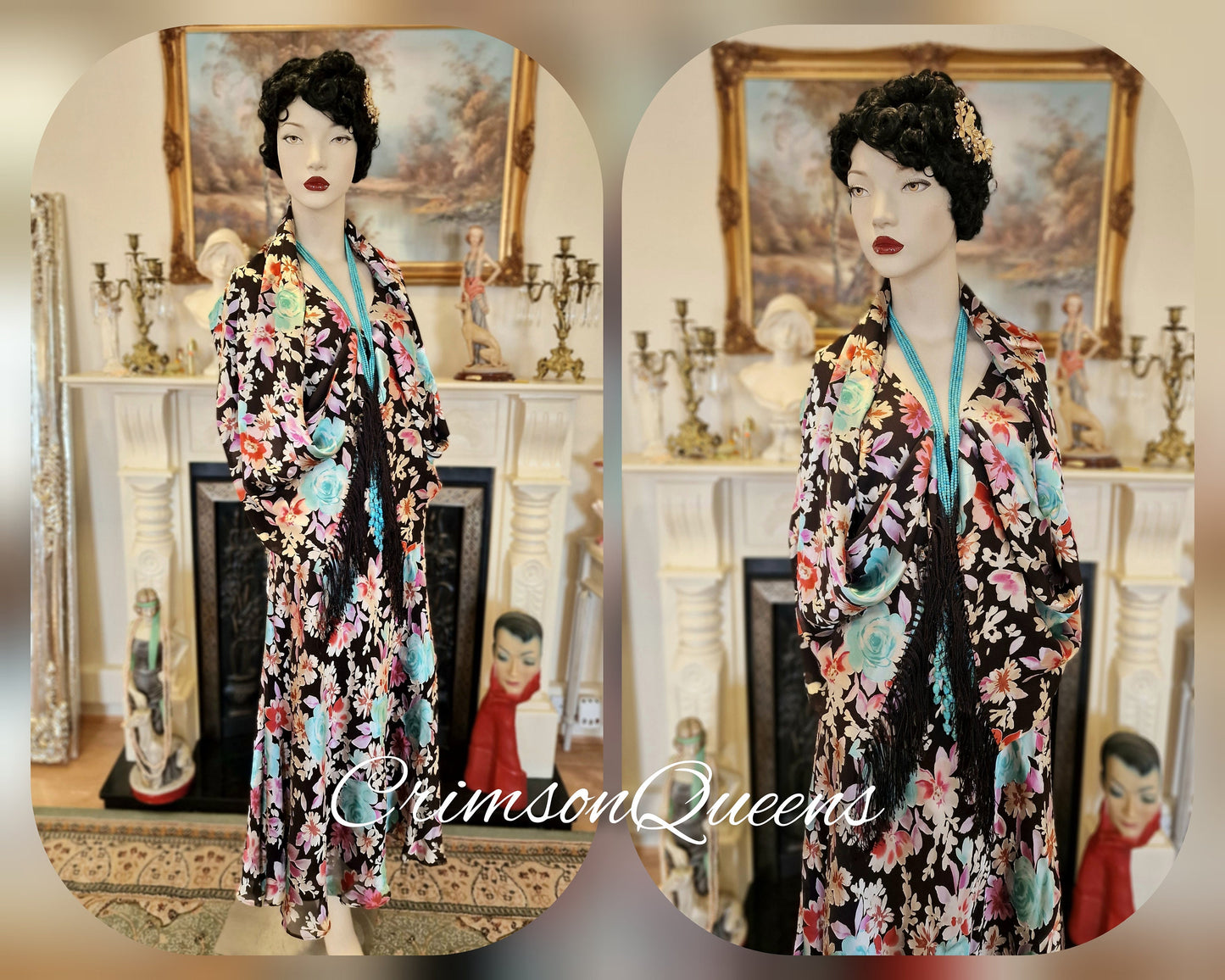 Vintage Great Gatsby Downton Abbey silk devore romantic floral cocktail garden dress guest wedding suit dress gown with shawl UK 12 US 8