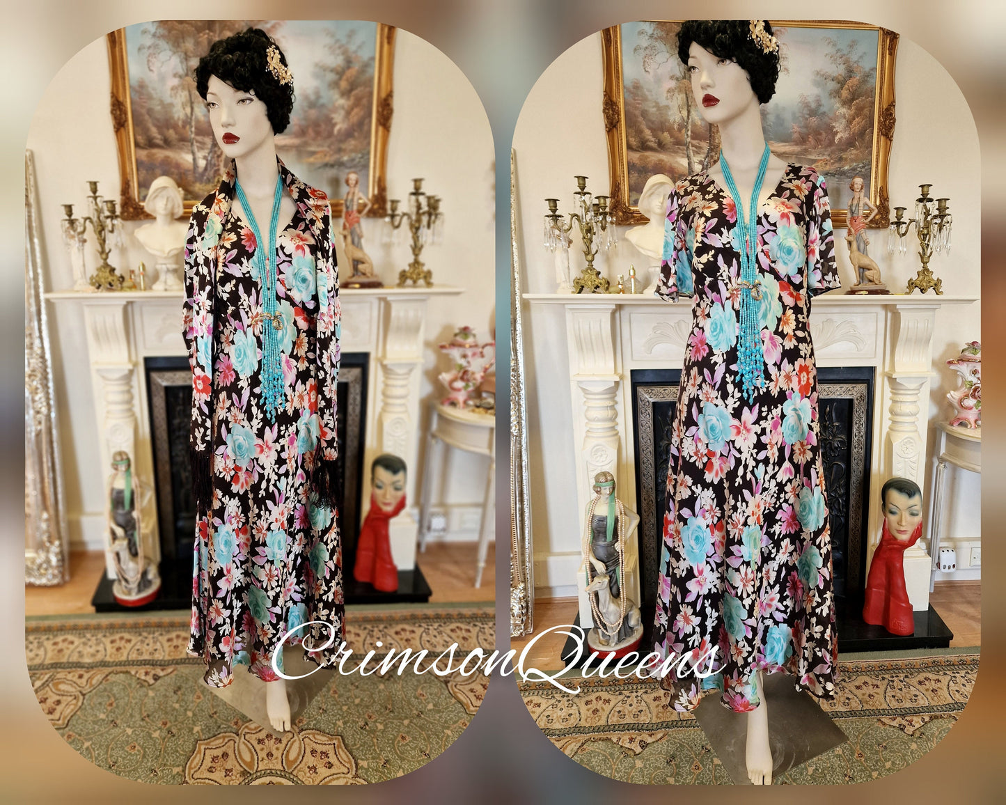 Vintage Great Gatsby Downton Abbey silk devore romantic floral cocktail garden dress guest wedding suit dress gown with shawl UK 12 US 8