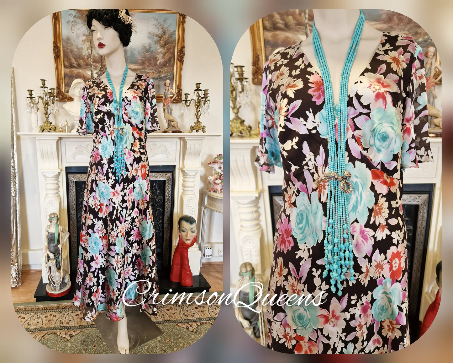 Vintage Great Gatsby Downton Abbey silk devore romantic floral cocktail garden dress guest wedding suit dress gown with shawl UK 12 US 8