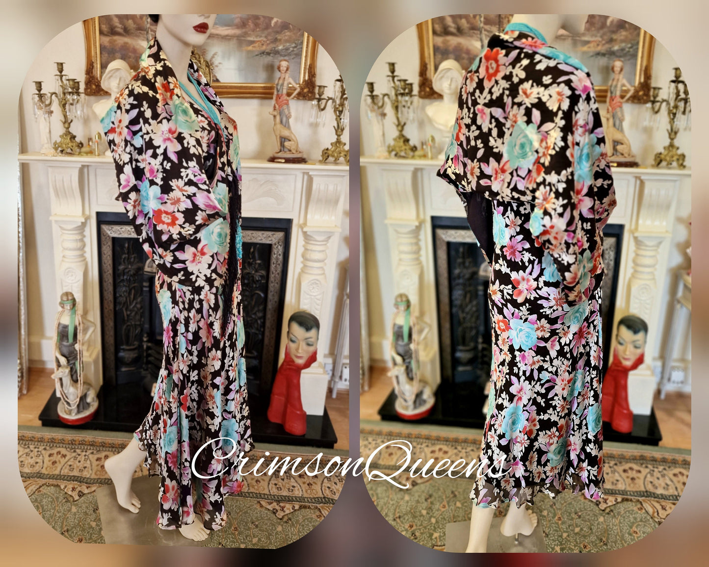 Vintage Great Gatsby Downton Abbey silk devore romantic floral cocktail garden dress guest wedding suit dress gown with shawl UK 12 US 8