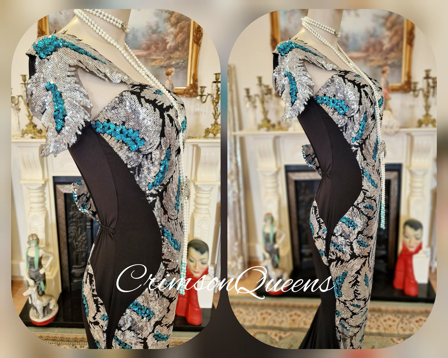 True statement 1930's vintage sequined peacock dress 1920's Great Gatsby stage Hollywood goddess evening gown size UK 12 US 8