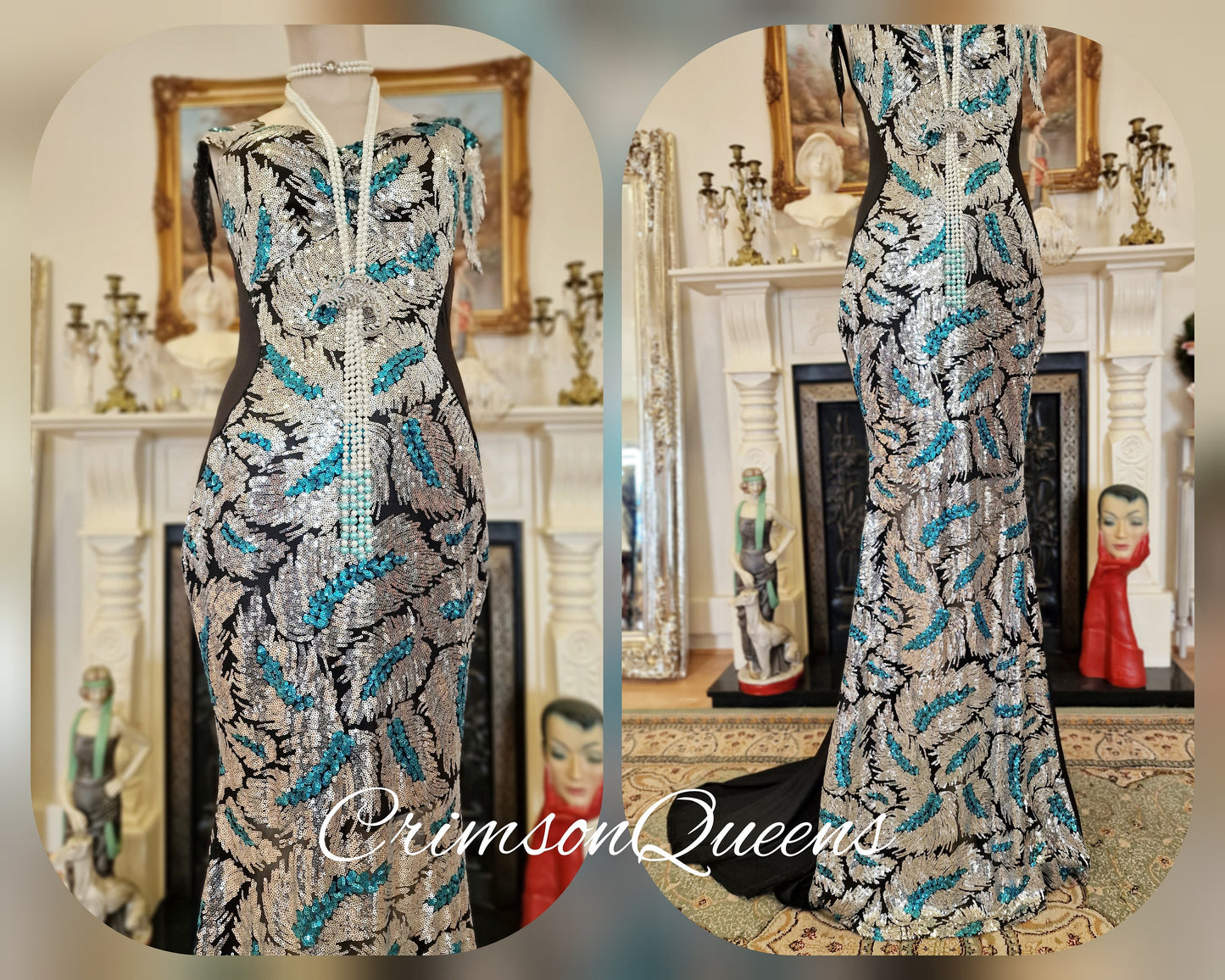 True statement 1930's vintage sequined peacock dress 1920's Great Gatsby stage Hollywood goddess evening gown size UK 12 US 8