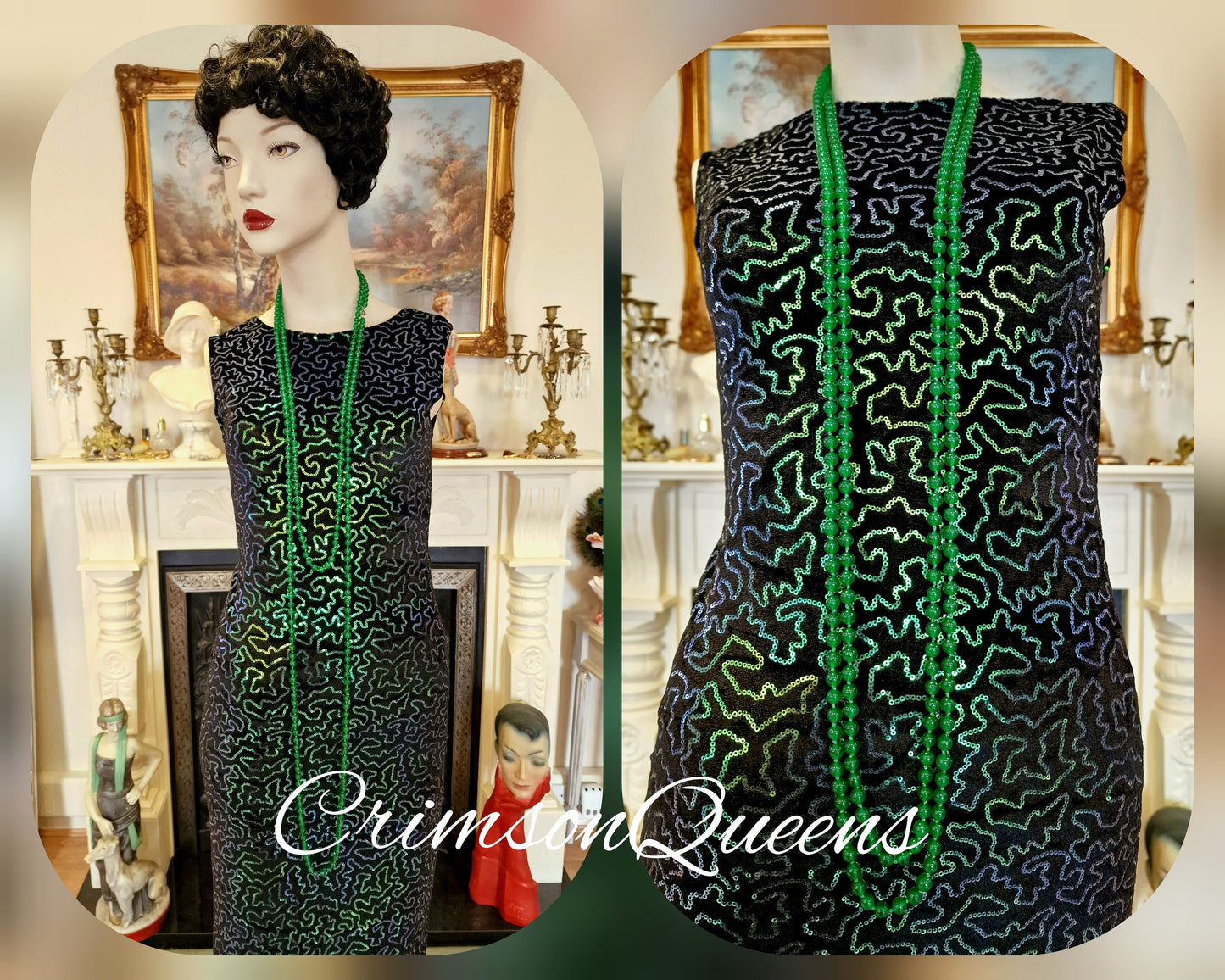 Vintage sequinned emerald green statement dress flapper evening Downton Abbey 1920s Marilyn Monroe maxi dress UK 8 US 4