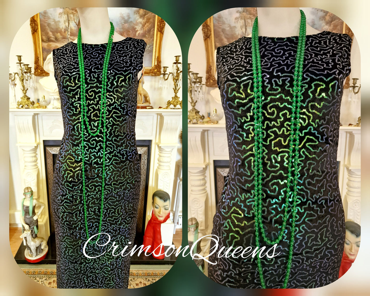 Vintage sequinned emerald green statement dress flapper evening Downton Abbey 1920s Marilyn Monroe maxi dress UK 8 US 4