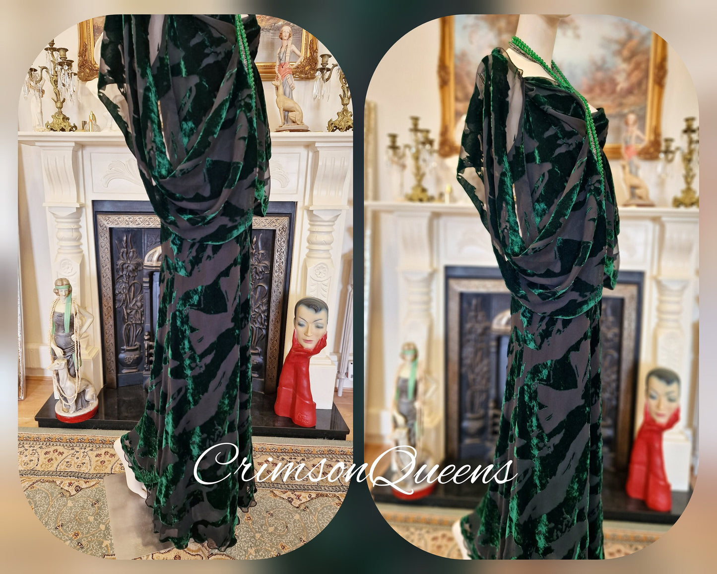 Vintage green statement dress flapper evening Downton Abbey 1920s cocktail garden party maxi silk devore feather dress UK 10/12 US 6.8