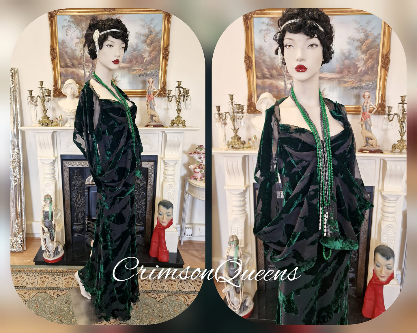 Vintage green statement dress flapper evening Downton Abbey 1920s cocktail garden party maxi silk devore feather dress UK 10/12 US 6.8