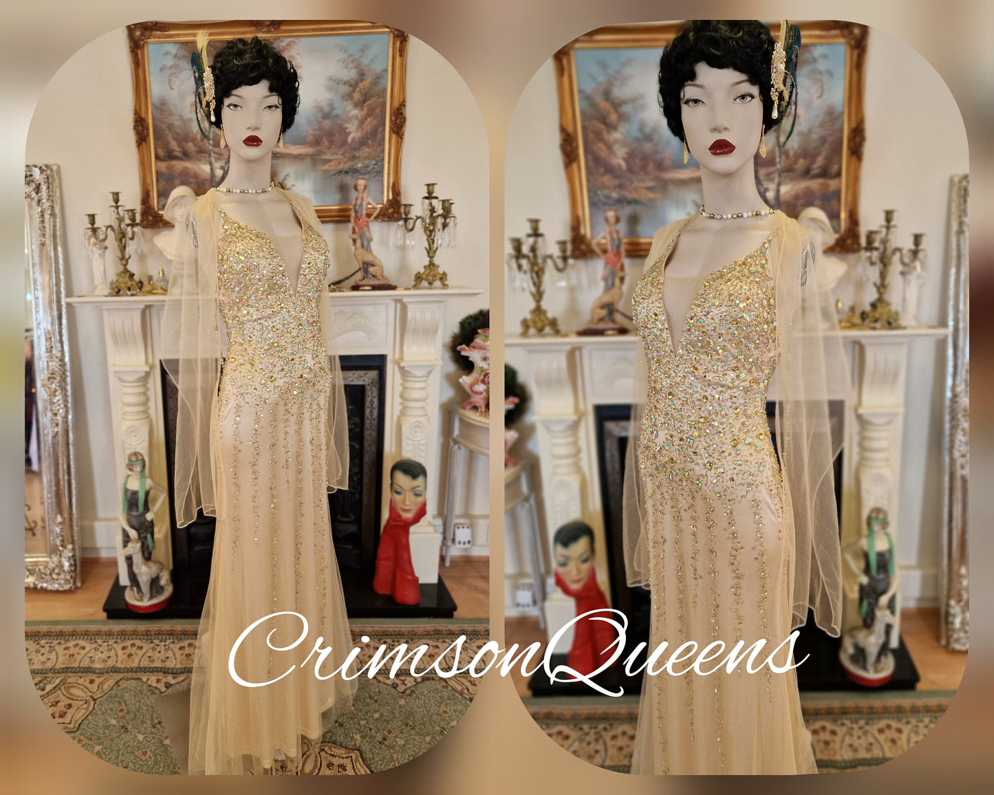 Spectacular vintage 1920s illusion flapper charleston Downton Abbey mesh Great Gatsby 1920s gold beaded embellished net dress UK 8 US 4