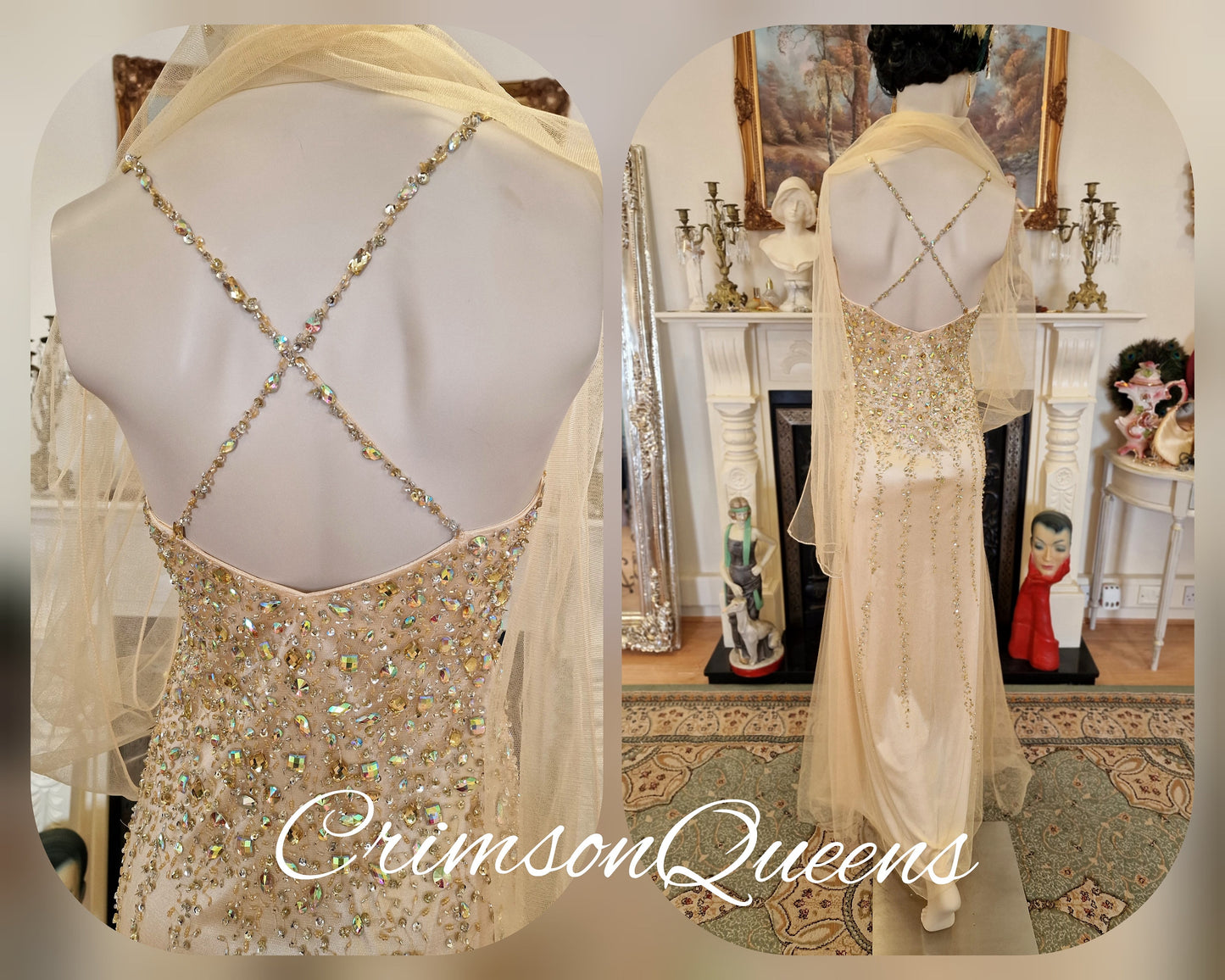 Spectacular vintage 1920s illusion flapper charleston Downton Abbey mesh Great Gatsby 1920s gold beaded embellished net dress UK 8 US 4