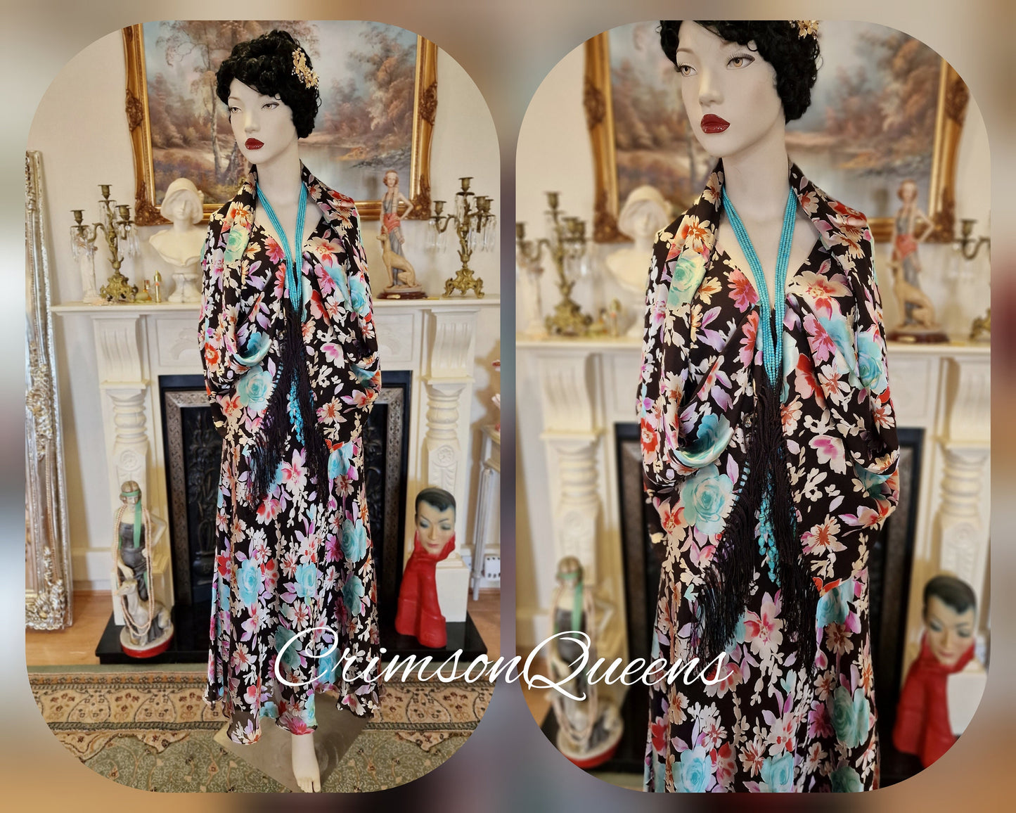 Vintage Great Gatsby Downton Abbey silk devore romantic floral cocktail garden dress guest wedding suit dress gown with shawl UK 12 US 8